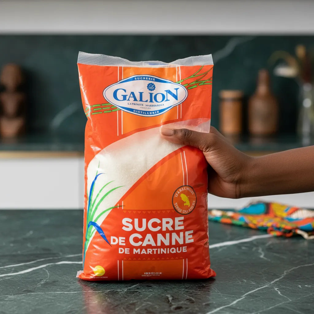 Main tenant un sachet de sucre de canne LE GALION, produit naturel et aromatique pour l'épicerie sucrée et la pâtisserie.